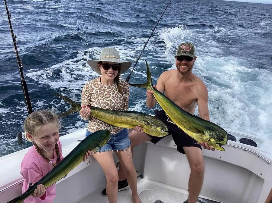 Family with three mahi-mahi caught on half day fishing charter Lion Heart Cabo San Lucas